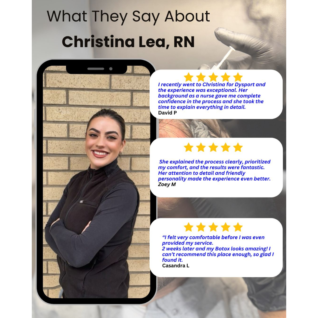 Christina Lea RN injector reviews at Cascade Medical Spa in Portland showing patient testimonials for Dysport, Xeomin, and wrinkle relaxer treatments