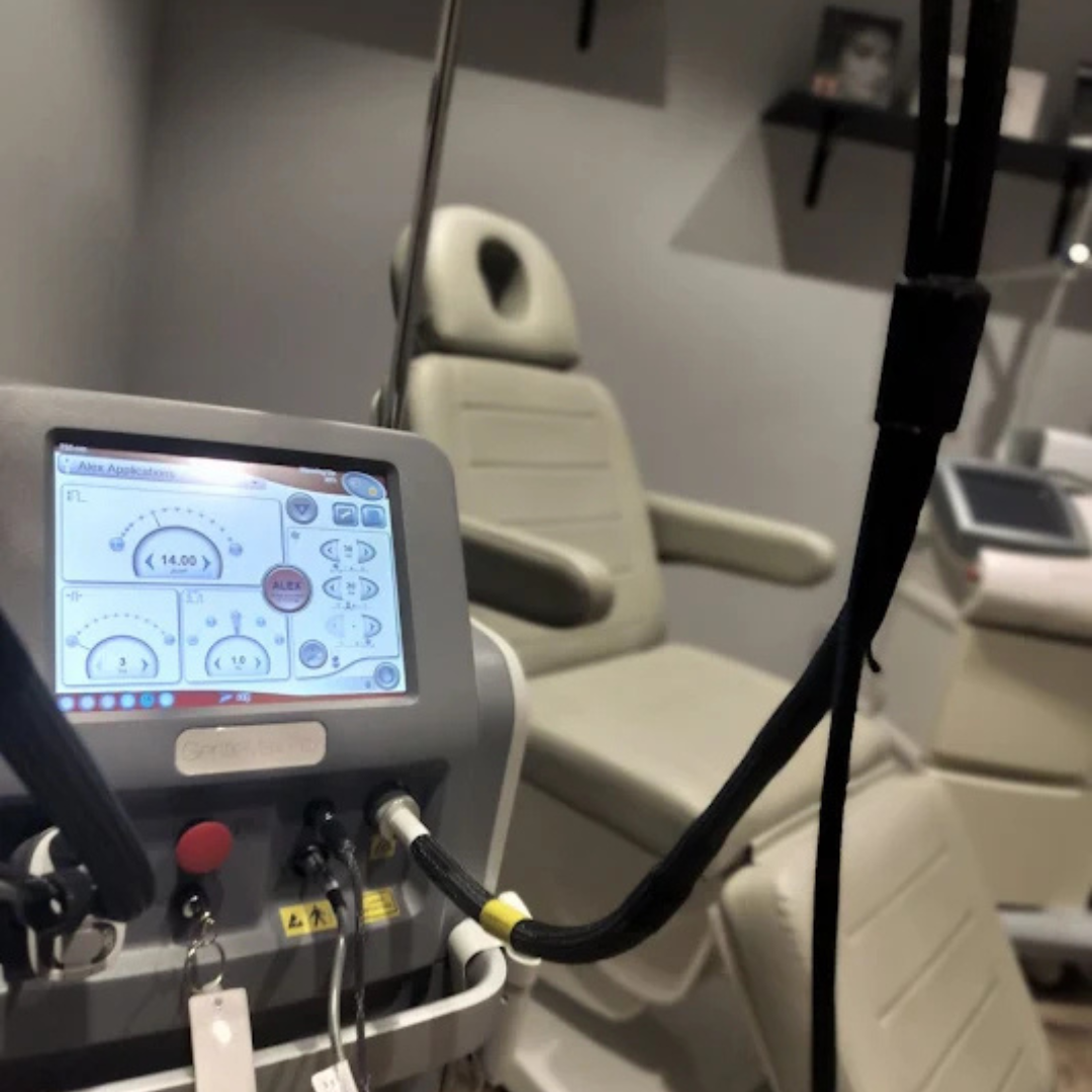 best-laser-hair-technolgoy-portland GentleMax Pro laser hair removal device inside treatment room at Cascade Medical Spa in Portland.