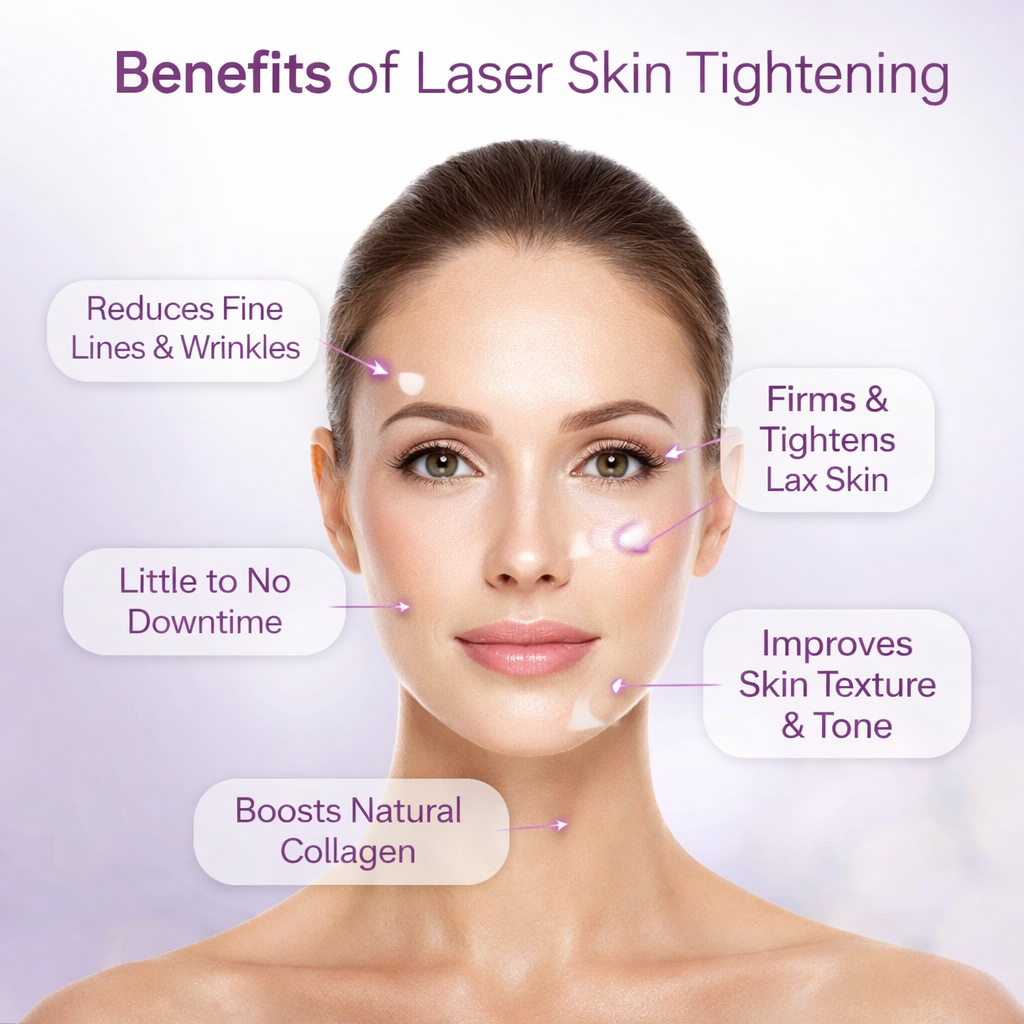 Benefits of Laser Skin Tightening – Facial Treatment Diagram Laser skin tightening benefits diagram showing improved skin firmness, reduced wrinkles, and collagen stimulation on the face